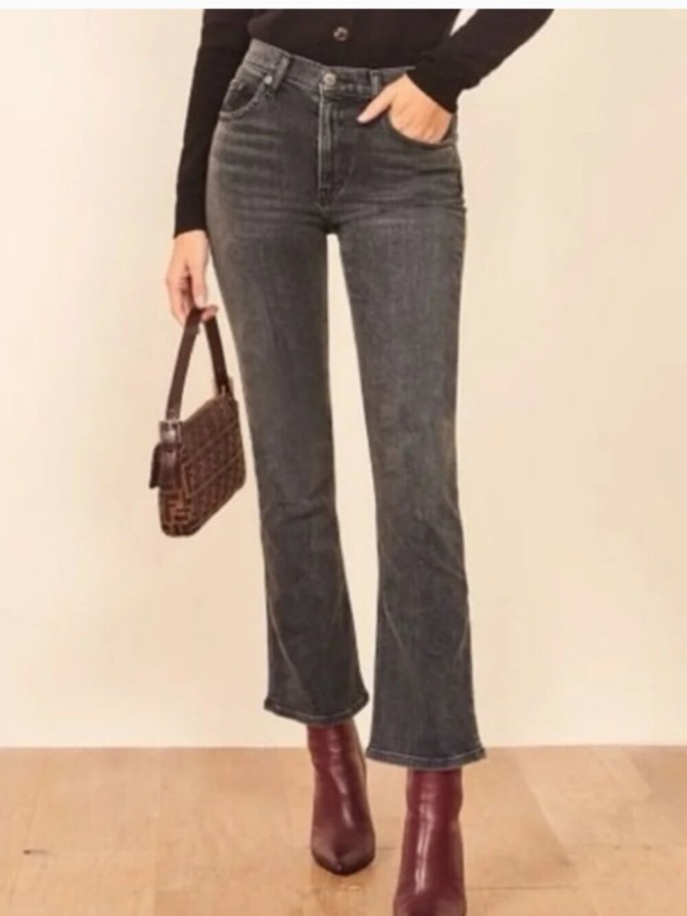 Reformation Jessie High Crop Boot Jeans Redondo Wash Black Gray Size 24